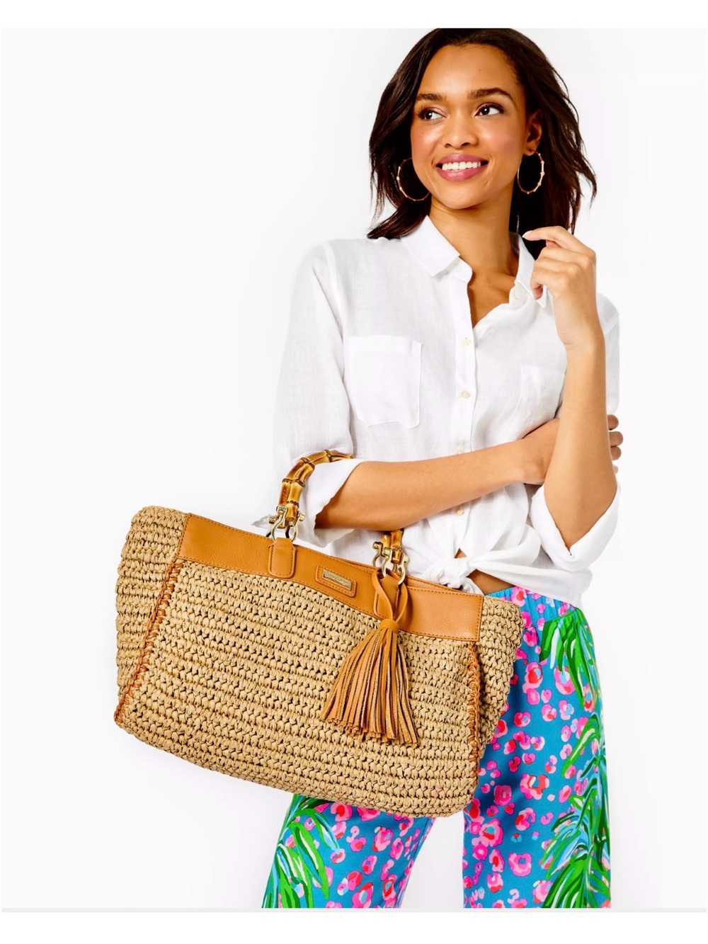 Lilly Pulitzer Greydon Straw Tote Bag with natural straw & tan leather trim.
